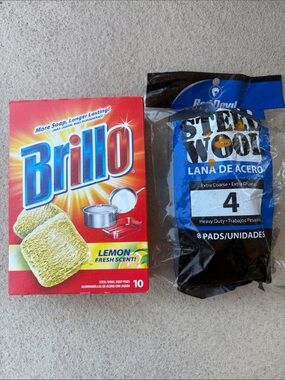 NEW 5 Brillo Lemon Fresh Scent Soap Pads + 2 Red Devil Extra Coarse Steel Wool
